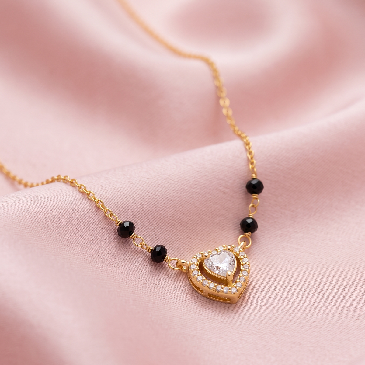 18K gold plated 925 sterling silver mangalsutra with black beads and heart pendant