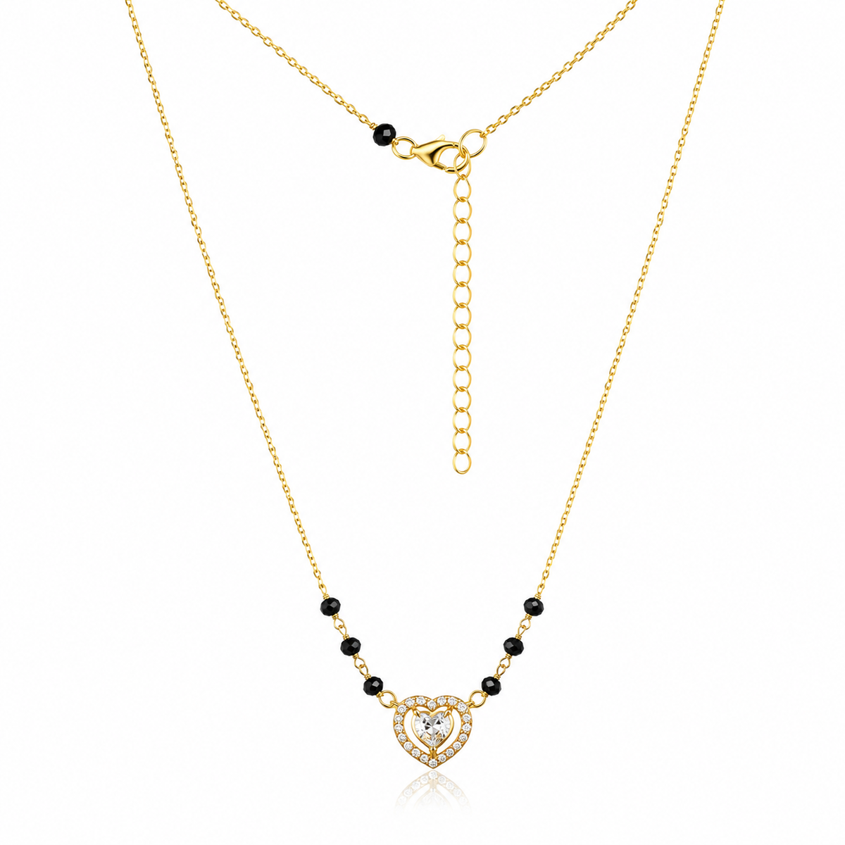 18K gold plated 925 sterling silver mangalsutra with black beads and heart pendant