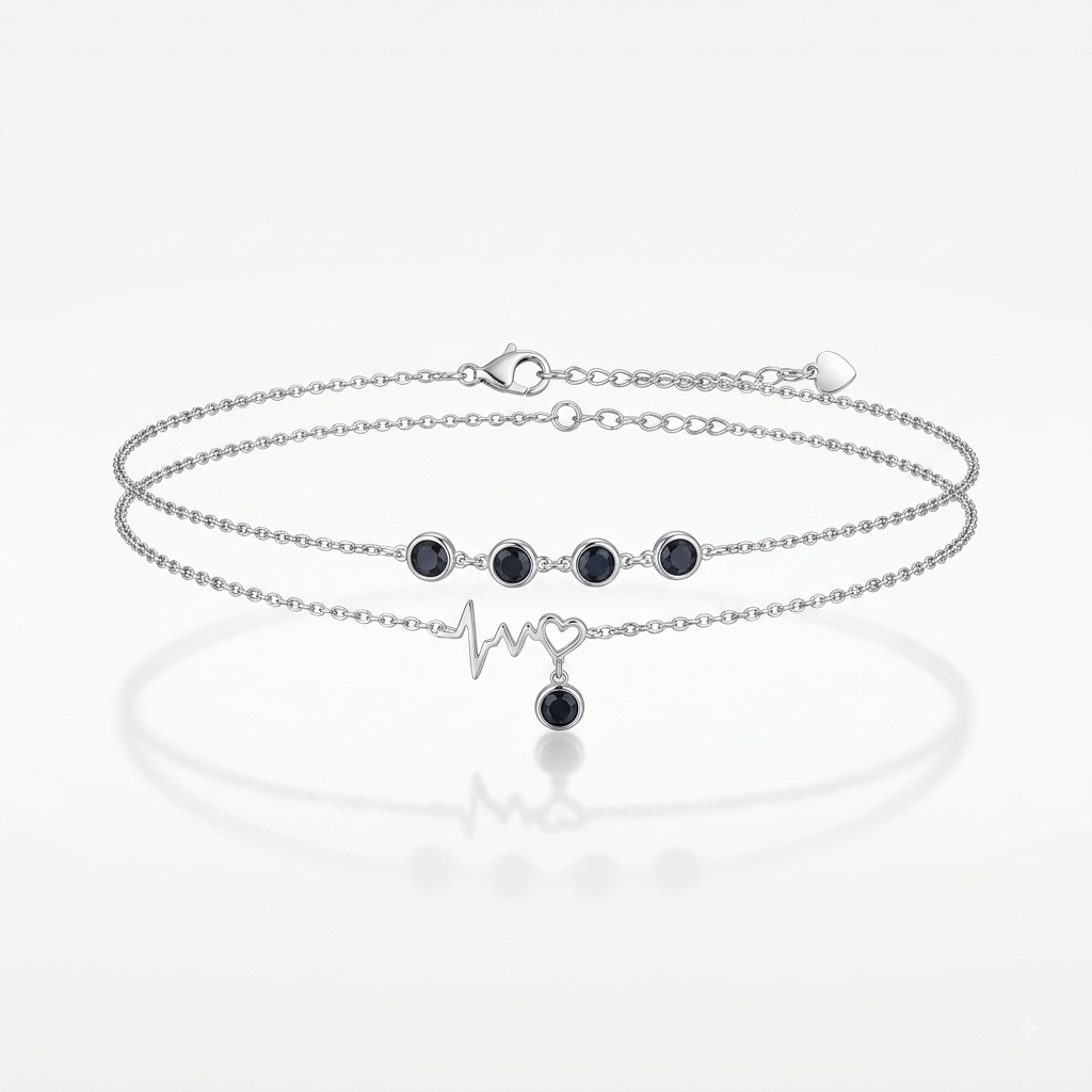 925 silver black stone heartbeat bracelet with heart charm