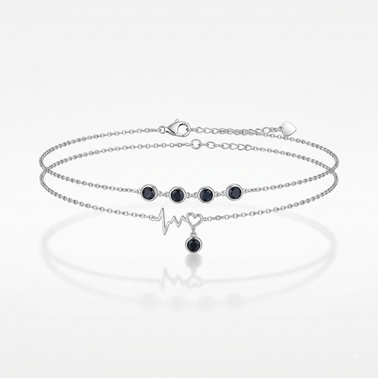 925 silver black stone heartbeat bracelet with heart charm
