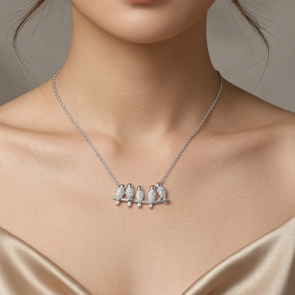 925 sterling silver bird necklace with five birds perched on a branch 
