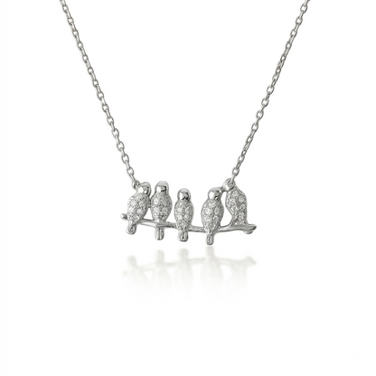 925 sterling silver bird necklace with five birds perched on a branch