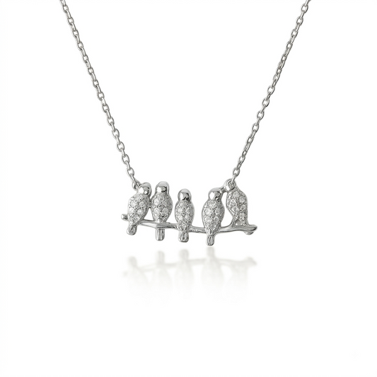 925 sterling silver bird necklace with five birds perched on a branch