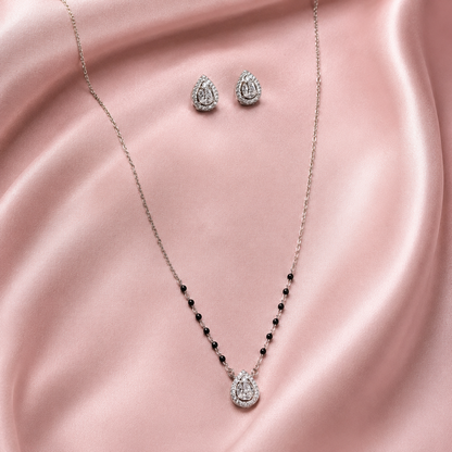 925 sterling silver mangalsutra set with black beads and matching earrings