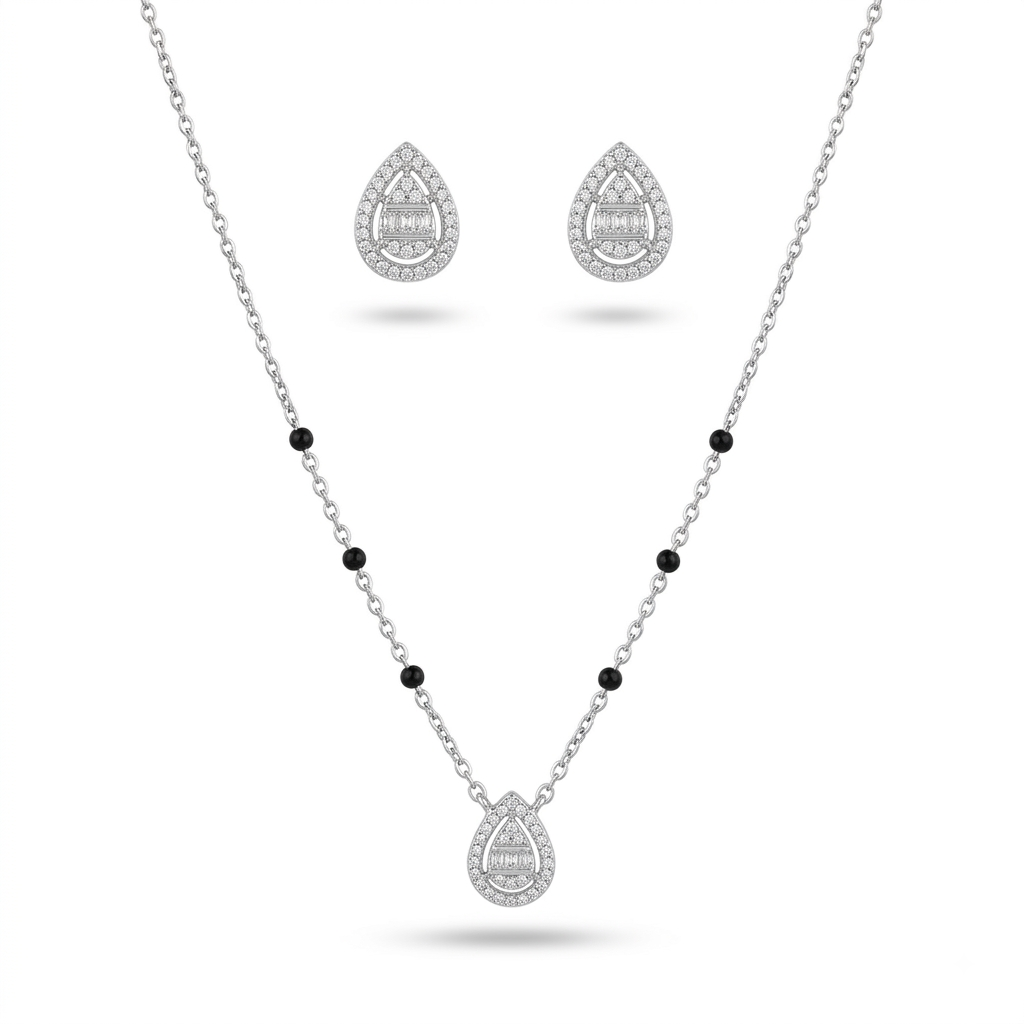 925 sterling silver teardrop mangalsutra set with black beads and matching earrings
