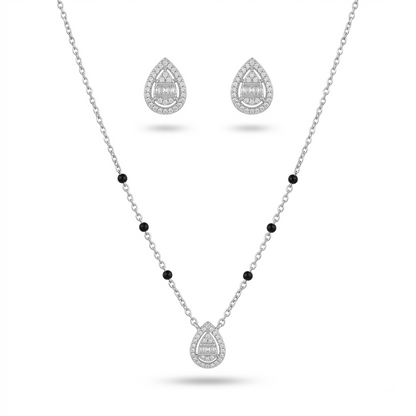 925 sterling silver teardrop mangalsutra set with black beads and matching earrings