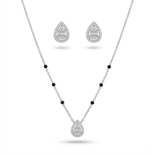 925 sterling silver teardrop mangalsutra set with black beads and matching earrings