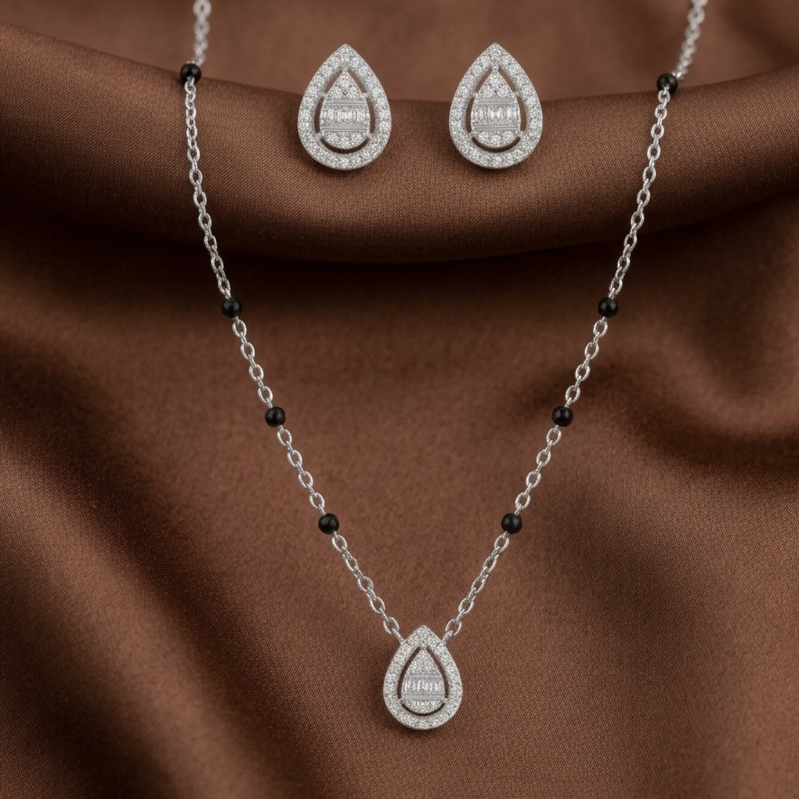 925 sterling silver teardrop mangalsutra set with black beads and matching earrings
