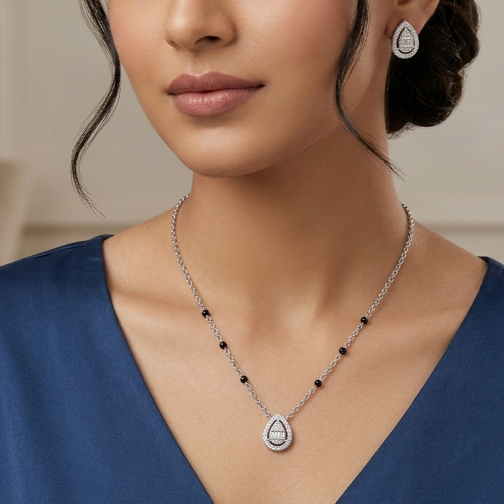 925 sterling silver teardrop mangalsutra set with black beads and matching earrings