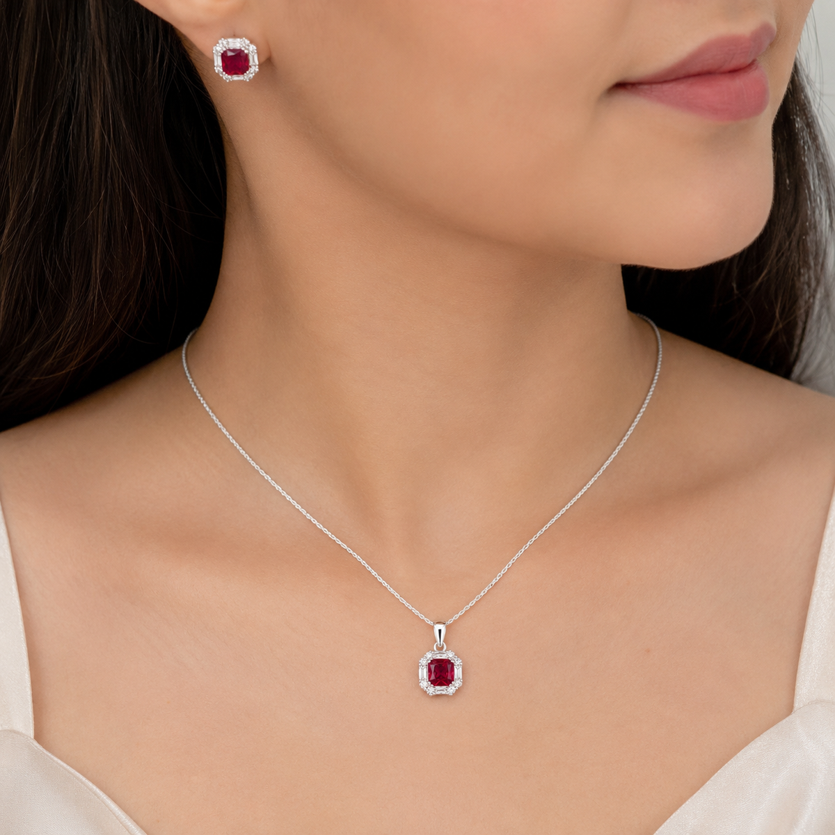 925 Silver Ruby Pendant Set