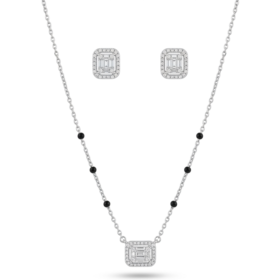 925 sterling silver geometric mangalsutra set with black beads and earrings
