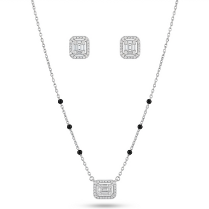 925 sterling silver geometric mangalsutra set with black beads and earrings