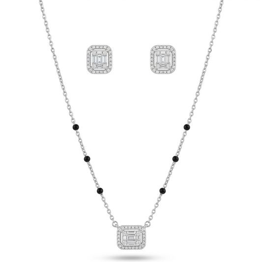 925 sterling silver geometric mangalsutra set with black beads and earrings