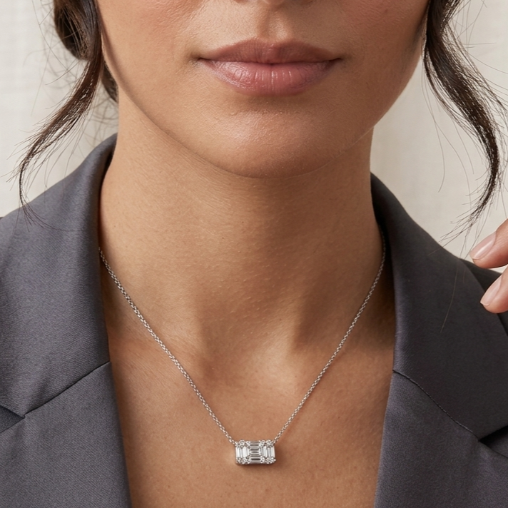 Emerald Cut 925 Silver Pendant with Chain