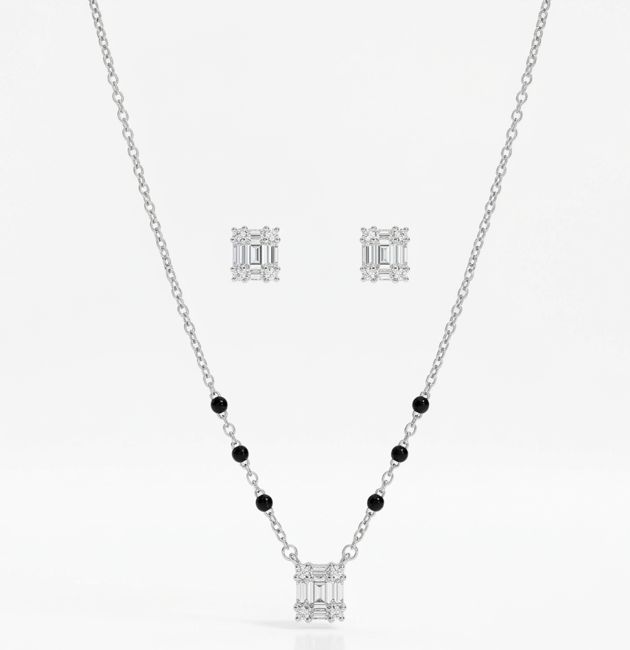 925 sterling silver geometric mangalsutra set with black beads and matching earrings