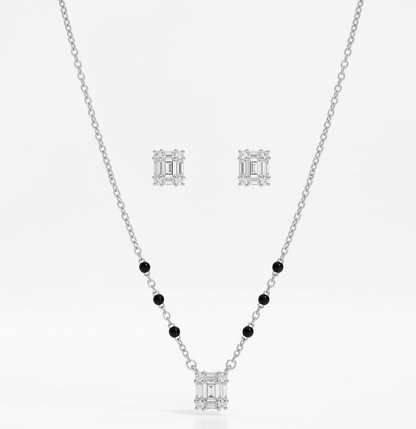 925 sterling silver geometric mangalsutra set with black beads and matching earrings
