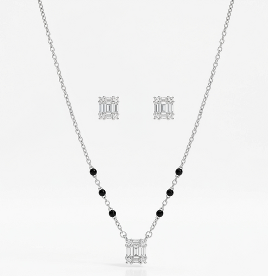 925 sterling silver geometric mangalsutra set with black beads and matching earrings