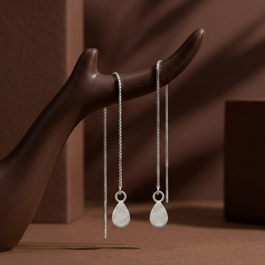 Silver Tear Drop Threader (Sui Dhaga) Earring