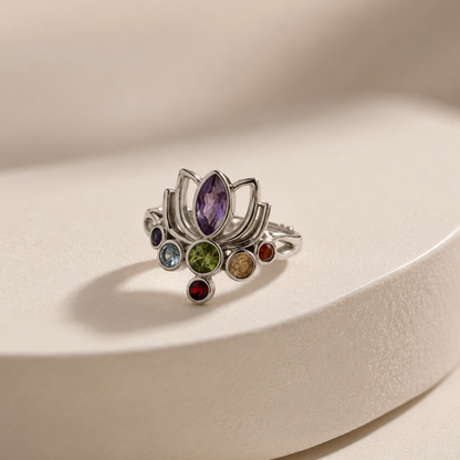925 Silver Lotus Chakra Adjustable Ring
