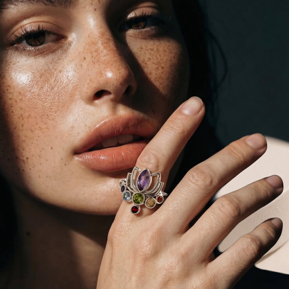 925 Silver Lotus Chakra Adjustable Ring