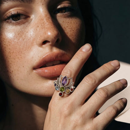 925 Silver Lotus Chakra Adjustable Ring