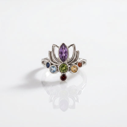 925 Silver Lotus Chakra Adjustable Ring