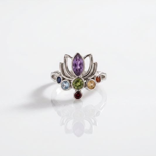 925 Silver Lotus Chakra Adjustable Ring