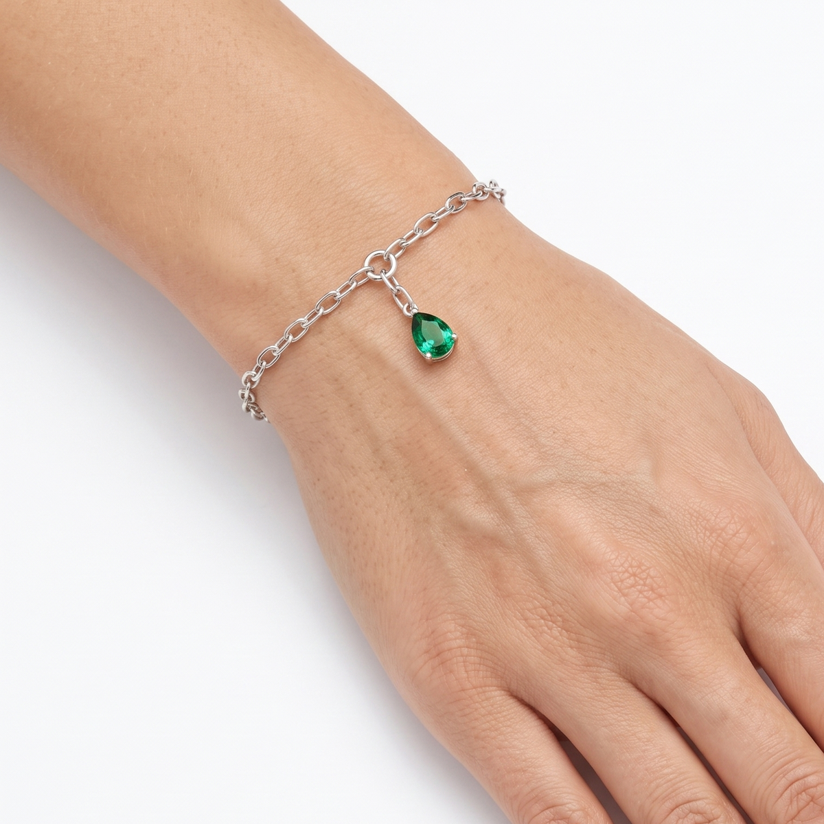 Emerald Charm 925 Silver Link Bracelet for Women