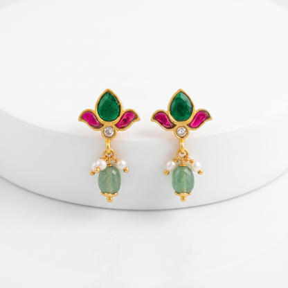 925 Silver Lotus Meenakari Drop Earrings