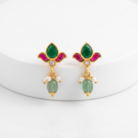 925 Silver Lotus Meenakari Drop Earrings