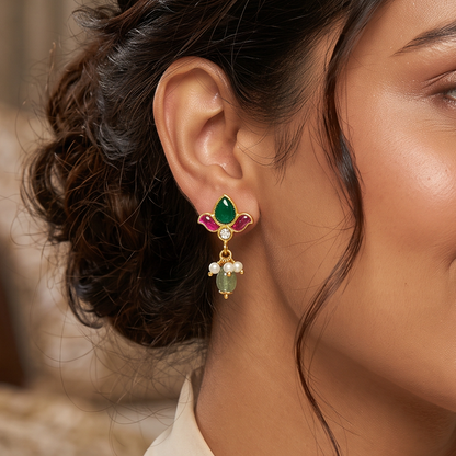 925 Silver Lotus Meenakari Drop Earrings