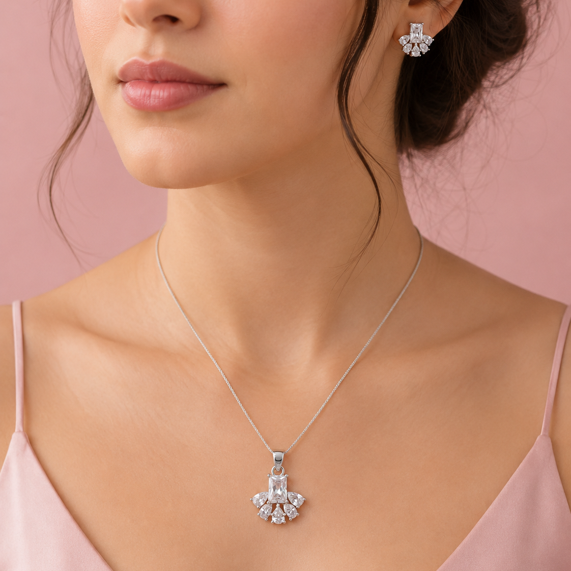 925 Silver Crystal Pendant Set