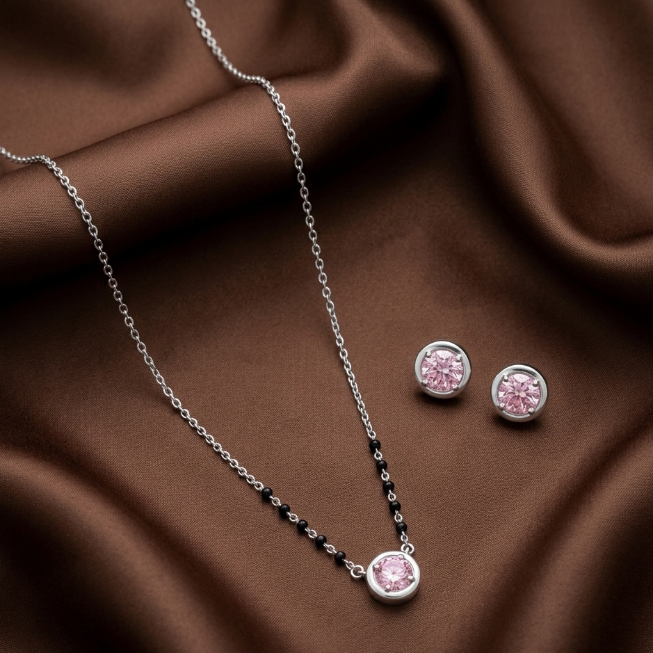 Pink 925 Sterling Silver Round Mangalsutra Set