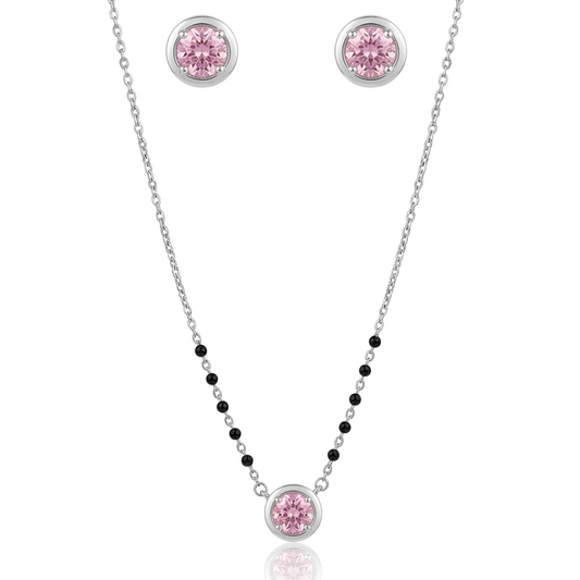 Pink 925 Sterling Silver Round Mangalsutra Set