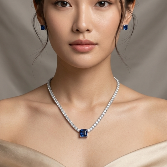 925 Silver Sapphire Blue Necklace Set