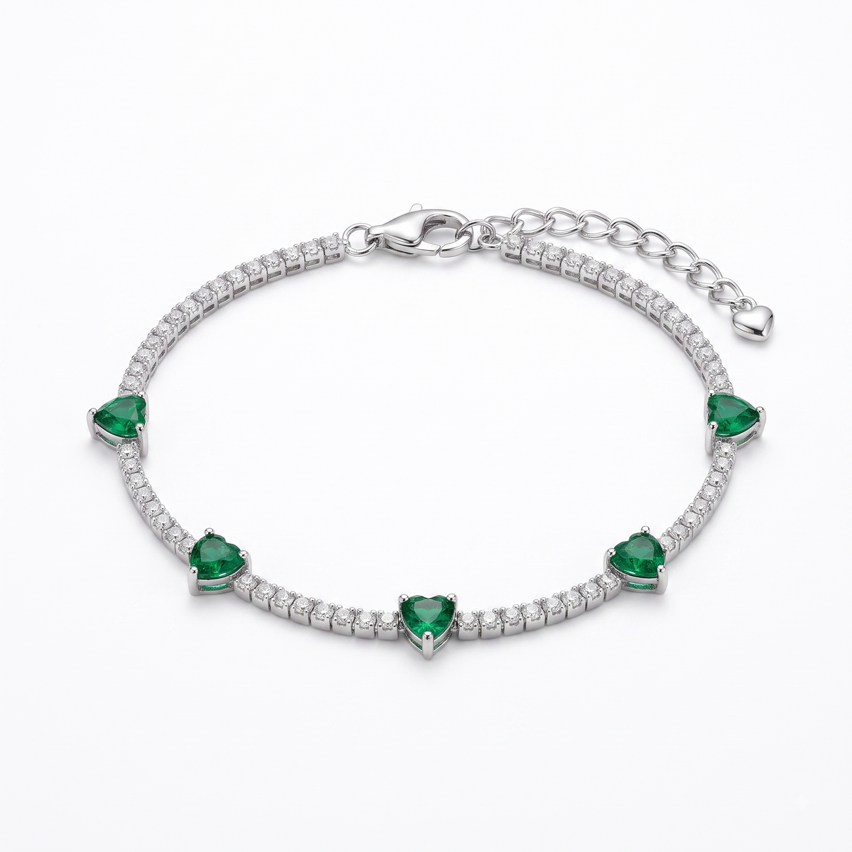 Silver Emerald Heart Tennis Anklet for Women