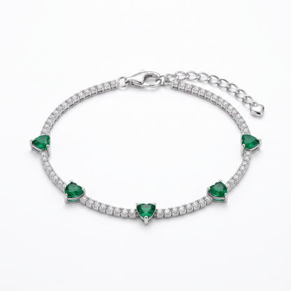 Silver Emerald Heart Tennis Anklet for Women