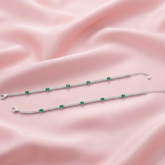 Silver Emerald Heart Tennis Anklet for Women