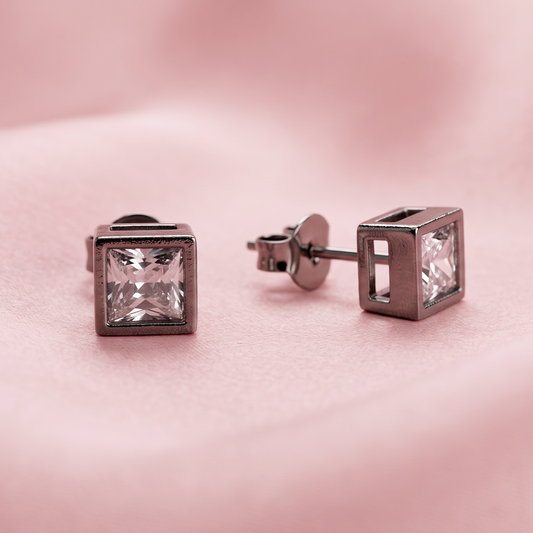 925 Silver Square Solitaire Studs