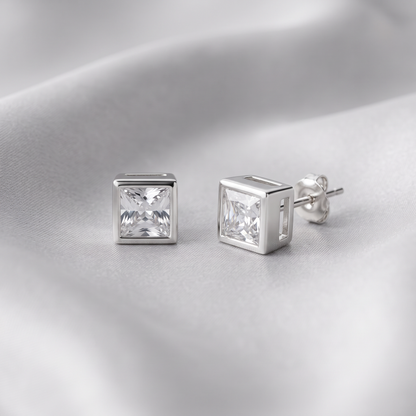 925 Silver Square Solitaire Studs