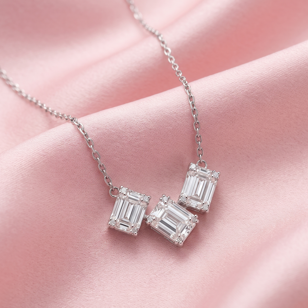 925 Sterling Silver Emerald-Cut Crystal Necklace